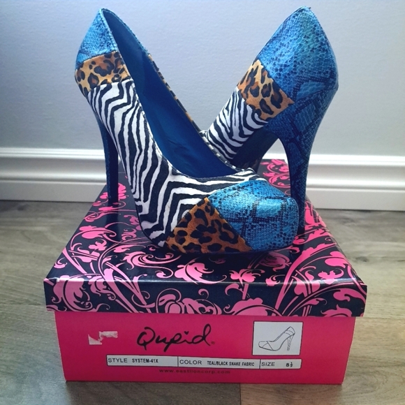 Qupid | teal / black snake fabric ~ animal print block color High heel - Picture 1 of 9